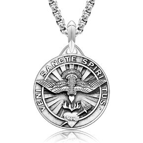 Holy Spirit Dove Veni Sancte Spiritus Sacramental Christian Amulet Sacred Heart Jesus Love Solid 925 Sterling Silver Pendant Necklace + Velvet Pouch, Polishing Cloth, Fine Gift Box