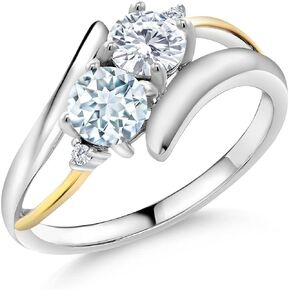 Gem Stone King 925 Silver and 10K Yellow Gold Sky Blue Aquamarine White Moissanite and Lab Grown Diamond Ring for Women (1.02 Cttw, Gemstone Birthstone, Available In Size 5, 6, 7, 8, 9)