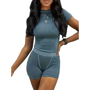 WDIRARA Women's 2 Piece Outfit Round Neck Short Sleeve T Shirt and Rib Knit Shorts Set