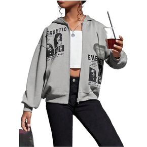 SHENHE Girl's Letter Graphic Zip Up Drop Shoulder Long Sleeve Hooded Sweatshirt