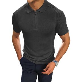 Comdecevis Men's Zipper Muscle V Neck Polo Shirts Slim Fit Solid Short Sleeve Golf T-Shirt Knit Soft Tees