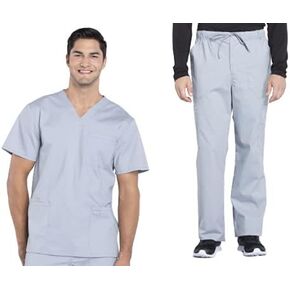 Men Scrubs Set Workwear Professionals WW695 V-Neck Top & WW190 Tapered Leg Fly Front Cargo Pant, Grey- L Top/L Pant