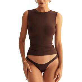 Womens Double Lined Racerback Tank Tops Sleeveless High Neck Fitted Basic Shirts