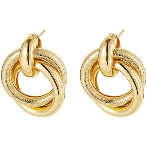 Bethynas Gold Silver Twisted Cricle Hoop Earrings Retro Round Double Circle Stud Earrings Statement Chunky Polished Plated Drop Hoop Earrings for Women and Girls