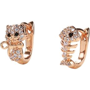 Cute Cat Asymmetrical Small Hoop Earrings for Women Girls Rose Gold Plated Cubic Zirconia Hypoallergenic Kitten Animal Fish Bone Huggie Hoops Click-top Piercing Earring Dainty Birthday Christmas Jewelry Gifts for Daughter