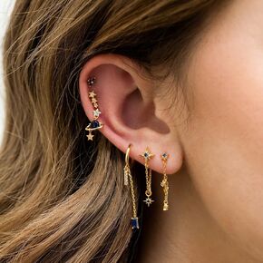 RELOVET Celestial Planet Star Moon Dangle Huggie Mini Hoop Studs Earring Single Ear Sets Sterling Silver Gold Chain Earrings Cartilage Studs Small Huggie Earrings for Women Girls Trendy (pack of 4)