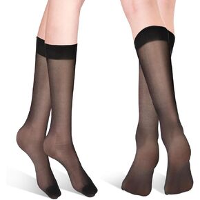 KALIONE 5 Pair Sheer Knee High Stockings, Black Knee High Socks With Reinforced Toe, 20D Elastic Nylon Stockings for Women
