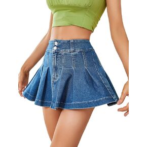 WDIRARA Women's Pleated Denim Skirt High Waisted A Line Button Up Ruffle Casual Mini Skirt