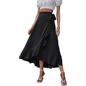 SweatyRocks Women's Elegant Slit Wrap Asymmetrical High Waist Long Skirt A-line Casual Loose Draped Flowy Skirts