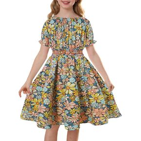 فستان للفتيات ذو خصر مكشكش مزين بالزهور فستان متوسط ​​الطول بأكمام منتفخة مع جيوب مقاس 7-14 in Kuwait