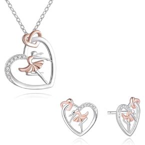 ACJNA 925 Sterling Silver Heart Ballet Dance Lovers Dancer Necklace Stud Earring Ballerina Silhouette Jewelry for Women