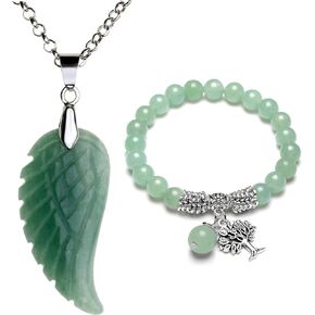 Top Plaza Reiki Healing Crystal Quartz Gemstones Jewelry Angel Wings Carved Stone Pendant Necklace Tree Of Life Charm Stretch Bracelet Set