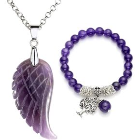 Top Plaza Reiki Healing Crystal Quartz Gemstones Jewelry Angel Wings Carved Stone Pendant Necklace Tree Of Life Charm Stretch Bracelet Set in Kuwait