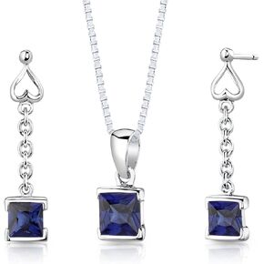 PEORA Created Blue Sapphire Drop Earrings and Pendant Necklace Jewelry Set for Women in Sterling Silver, 2.75 Carats total Princess Cut, with 18 inch Chain