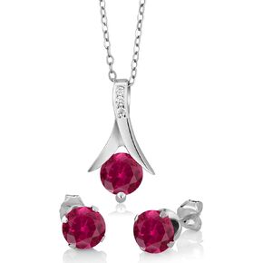 Gem Stone King 925 Sterling Silver Created Ruby Pendant and Earrings Jewelry Set For Women (2.40 Cttw, Round Cut With 18 Inch Silver Chain)