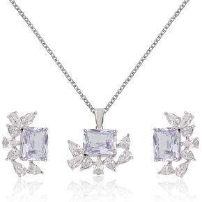 CZ Wedding Jewelry Set for Women S925 Sterling Silver Bridal Earrings & Necklace Set Princess-cut Cubic Zircona Crystal Birthstone Floral Cluster Costume Jewelry Gift for Bride Bridemaids Party Prom