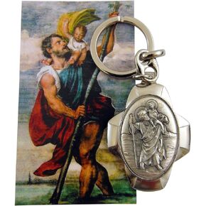 St Christopher Metal Keychain Travel Saint Key Ring with Holy Card Set