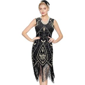 Metme Women's 1920s Flapper Dress Sequins Art Deco Fringed Sleeveless Gatsby Dress