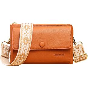 PU Leather Multifunctional Crossbody Bag, Women Double Zipper Multi-Pocket Shoulder Bag, Wide Guitar Strap Crossbody Purse Casual Bag Brown