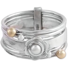 NOVICA Artisan Handmade Cultured Freshwater Pearl Meditation Spinner Ring .925 Sterling Silver Tone White Band India Gemstone Birthstone 'Luminous Floral'