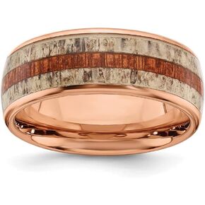 Chisel Stainless Steel Polished Rose Ip Plated With Wood and Antler Inlay 8mm Band Jewelry Gifts for Women - Ring Size Options: 10 10.5 11 11.5 12 12.5 13 8 8.5 9 9.5