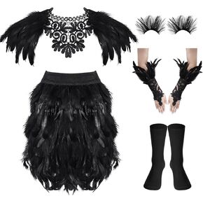 Hoosige 5 Pcs Gothic Halloween Costumes Feather Shawl Cape Faux Feather Skirt Gothic Gloves Long Socks False Eyelashes