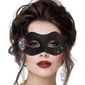 BODIY Black Masquerade Mask with Feather Mardi Gras Masks Halloween Eye Mask Glitter Venetian Half Mask Cosplay Party Carnival Rave Accessory for Women Girls