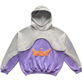 Arnodefrance Men Vintage Graphic Hoodie Purple Grey Patchwork Cotton Hoodies Pullover Sweatshirt