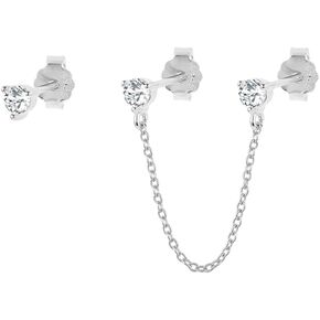 Asymmetric 3mm Round CZ Small Stud With Chain Cuff 925 Sterling Silver Earrings for Women Teen Girls Cartilage Double Piercing Second Hole Fashion Cute Minimalist Climber Crawler Threader Hypoallergenic Jewelry Gifts Daughter Birthday Bff