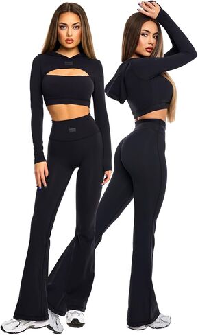 FITOLOGY APPAREL Womens High Waisted Flare Leggings, Trendy Flared Workout Yoga Pants, Bootcut Activewear Pants Black in Saudi Arabia