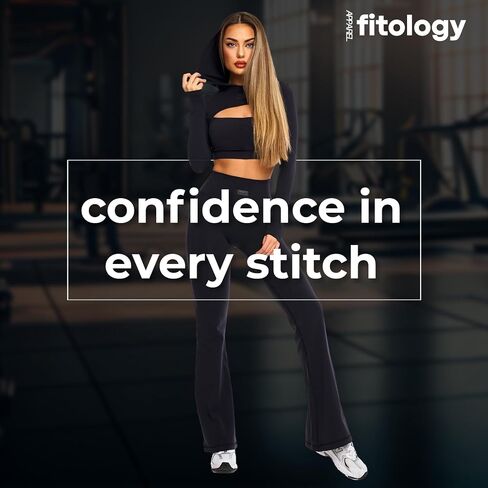 FITOLOGY APPAREL Womens High Waisted Flare Leggings, Trendy Flared Workout Yoga Pants, Bootcut Activewear Pants Black in Saudi Arabia