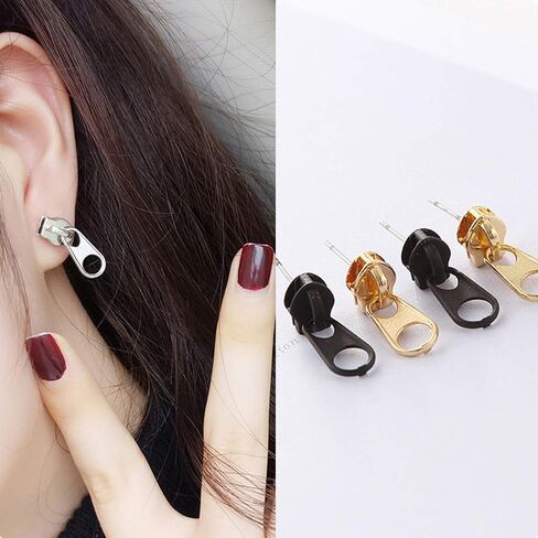 ANDPAI Fashion Vintage Gold Silver Zipper Shape Studs Earring Sets Metal Alloy Black Funky Zipper Dangle Drop Earrings For Women Men and Girls in Saudi Arabia