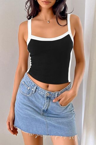 CFLONGE Womens Tank Top 2024 Contrast Binding Color Block Sleeveless Patchwork Crop Cami Crew Neck Ribbed Vest Top for Women in Saudi Arabia
