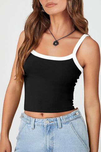 CFLONGE Womens Tank Top 2024 Contrast Binding Color Block Sleeveless Patchwork Crop Cami Crew Neck Ribbed Vest Top for Women in Saudi Arabia