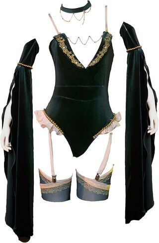 Women Medieval One Piece Bodysuit Top Corset Velvet Leotard Costume with Stockings Choker Halloween in Saudi Arabia
