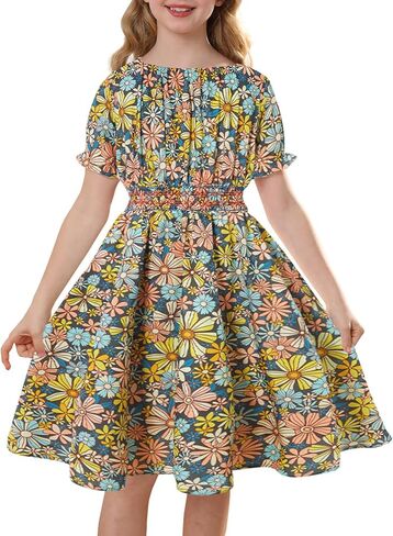 فستان للفتيات ذو خصر مكشكش مزين بالزهور فستان متوسط ​​الطول بأكمام منتفخة مع جيوب مقاس 7-14 in Kuwait