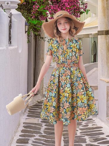 فستان للفتيات ذو خصر مكشكش مزين بالزهور فستان متوسط ​​الطول بأكمام منتفخة مع جيوب مقاس 7-14 in Kuwait