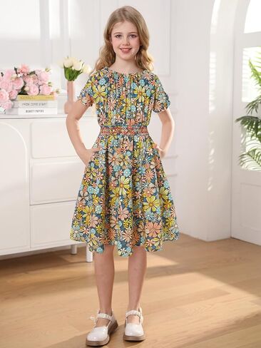 فستان للفتيات ذو خصر مكشكش مزين بالزهور فستان متوسط ​​الطول بأكمام منتفخة مع جيوب مقاس 7-14 in Kuwait