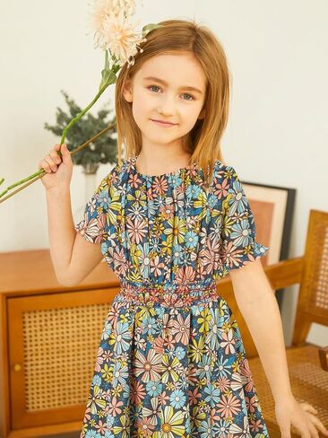 فستان للفتيات ذو خصر مكشكش مزين بالزهور فستان متوسط ​​الطول بأكمام منتفخة مع جيوب مقاس 7-14 in Kuwait