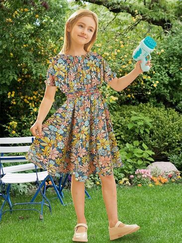 فستان للفتيات ذو خصر مكشكش مزين بالزهور فستان متوسط ​​الطول بأكمام منتفخة مع جيوب مقاس 7-14 in Kuwait