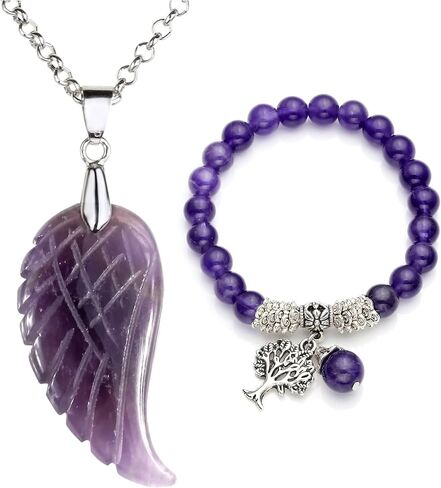 Top Plaza Reiki Healing Crystal Quartz Gemstones Jewelry Angel Wings Carved Stone Pendant Necklace Tree Of Life Charm Stretch Bracelet Set in Kuwait