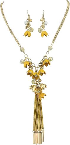 Bocar Long 2 Layer Chain Unique Flower Pendant Tassels Necklace Earrings Women Jewelry Set in Kuwait