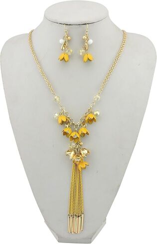 Bocar Long 2 Layer Chain Unique Flower Pendant Tassels Necklace Earrings Women Jewelry Set in Kuwait