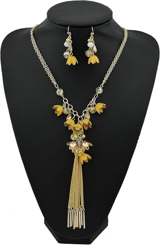 Bocar Long 2 Layer Chain Unique Flower Pendant Tassels Necklace Earrings Women Jewelry Set in Kuwait