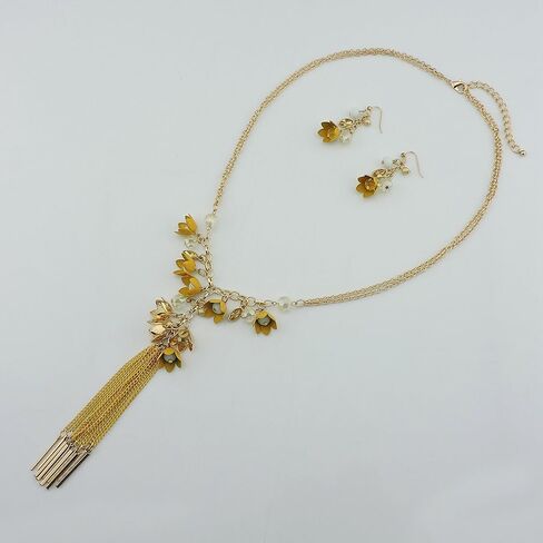 Bocar Long 2 Layer Chain Unique Flower Pendant Tassels Necklace Earrings Women Jewelry Set in Kuwait