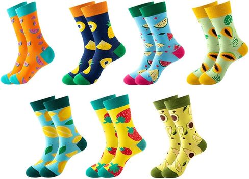 Fruit Embroidered Crew Socks Colorblocked Mid Calf Socks Novelty Dress Socks, 7 Pack in Kuwait