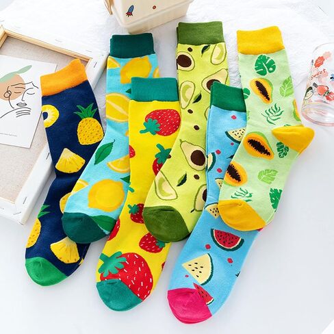 Fruit Embroidered Crew Socks Colorblocked Mid Calf Socks Novelty Dress Socks, 7 Pack in Kuwait