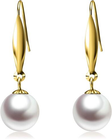18k Yellow Gold Dangle Earrings for Women, Cultured Freshwater Pearl Drop Earring, 9mm (yellow-gold) in Saudi Arabia