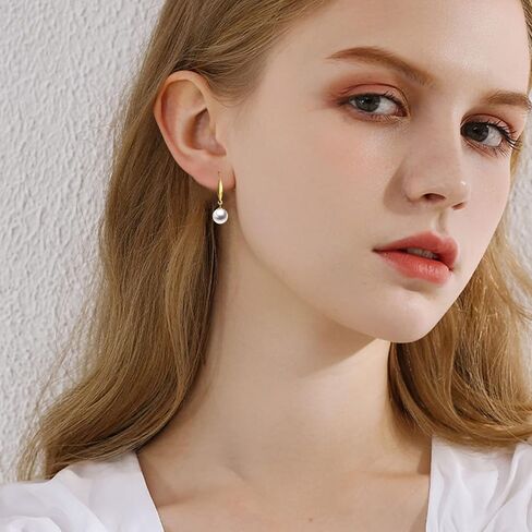 18k Yellow Gold Dangle Earrings for Women, Cultured Freshwater Pearl Drop Earring, 9mm (yellow-gold) in Saudi Arabia