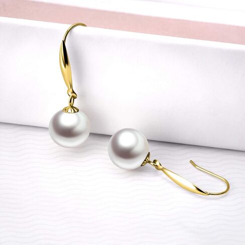 18k Yellow Gold Dangle Earrings for Women, Cultured Freshwater Pearl Drop Earring, 9mm (yellow-gold) in Saudi Arabia